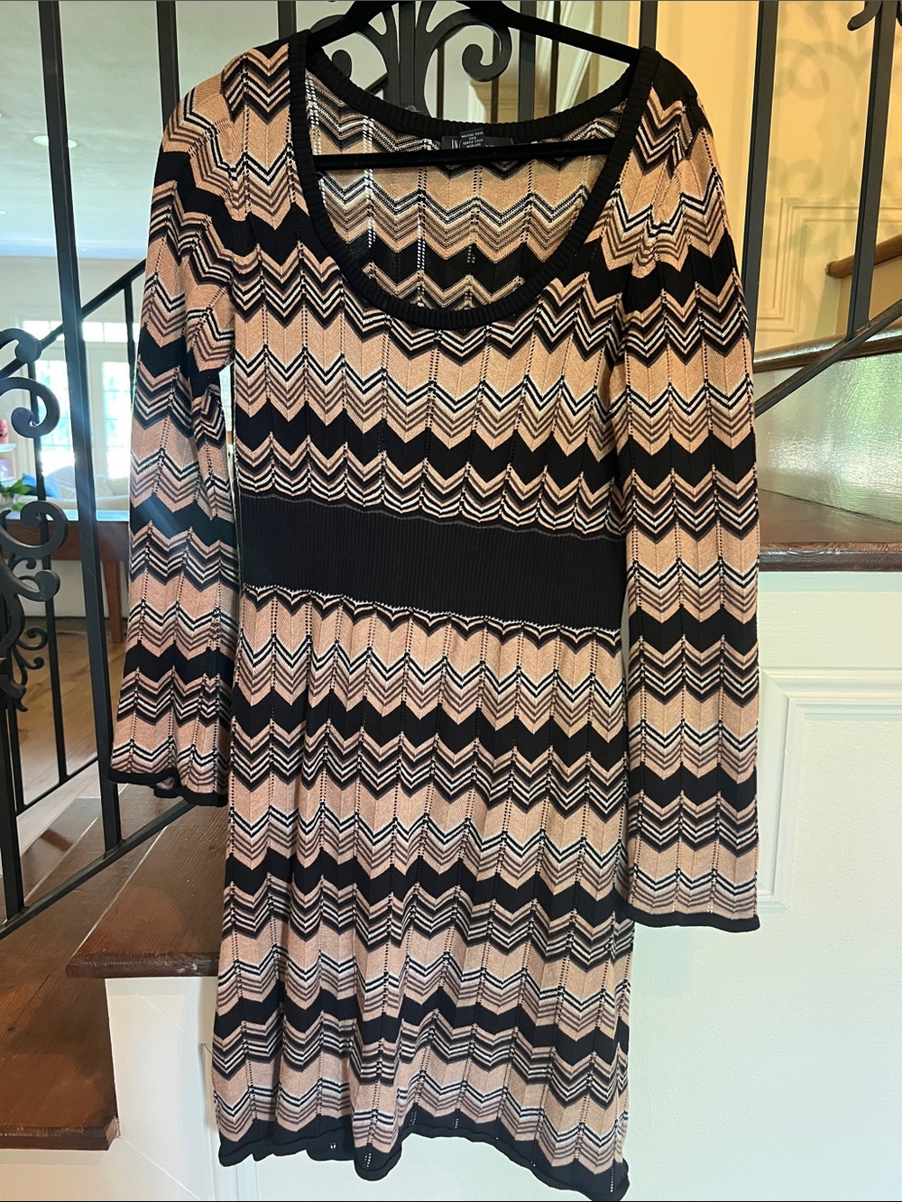 INC International Concepts Black and Beige Chevron Long Sleeve Knit Dress